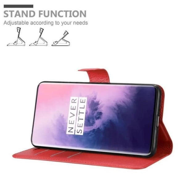 Fodral - CADORABO - OnePlus 7 PRO - Rött konstläder - Stativfunktion - 3 kortfack Röd