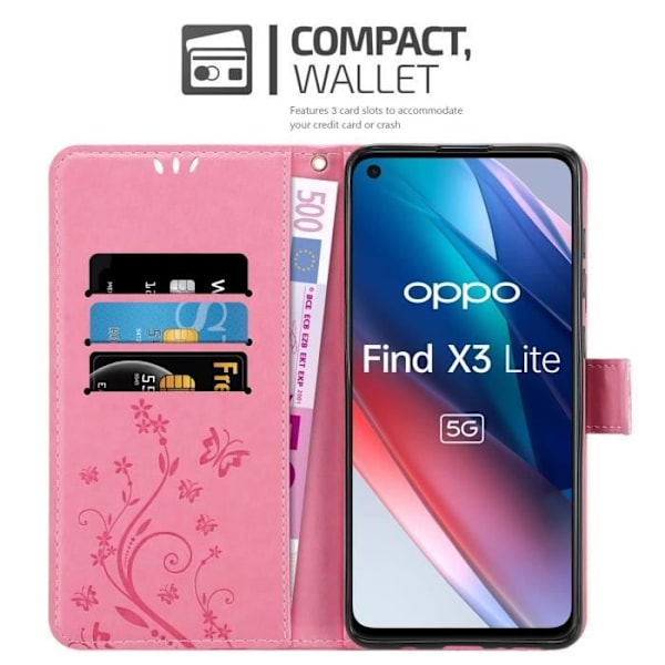 Coque för Oppo FIND X3 LITE - CADORABO - Rosablommig - Syntetläder - Ställfunktion - Kortfack Rosa blommig