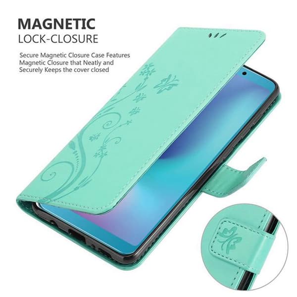 Fodral med lock för Samsung Galaxy A6s, Turkos Blommig Design, Skyddande Plånbok Blå