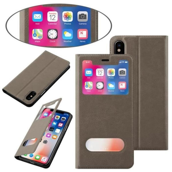 Fodral till Apple iPhone XS MAX - CADORABO - Brun - Imiterat läder - Magnetisk stängning - Dubbelfönster kastanj