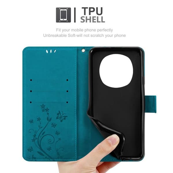 Fodral med lock för Honor Magic 7 Etui i BLÅ BLOMSTER Design Floral Plånboksskydd Blå