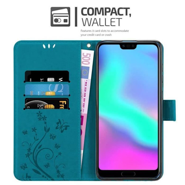 Coque Honor 10 - CADORABO - BLÅ FLORAL - Syntetiskt läder - Ställningsfunktion - Fack för kort BLOMMA BLÅ