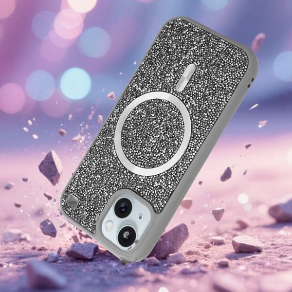 Skyddsfodral för iPhone 14 PLUS / 15 PLUS i GRÅ Stötsäker Magsafe-kompatibel med diamantglitter Grå