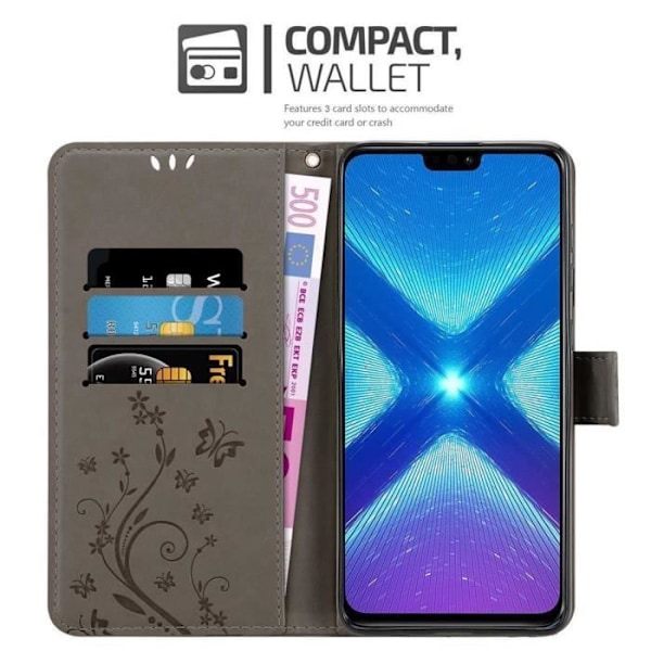 Coque Honor 8X - CADORABO - Grå Blomster - Simililäder - Ställfunktion - Platser för Kort Blommig grå