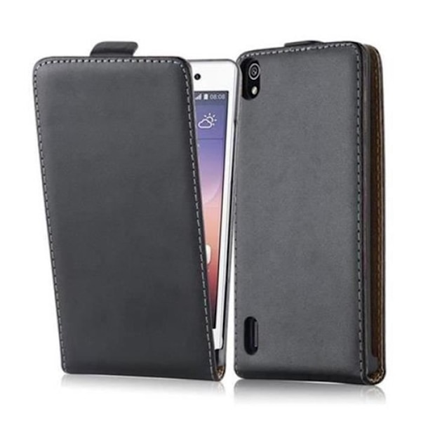 Cadorabo Coque Huawei ASCEND P7 DESIGN FLIP Stilstäck, Etui Hölster av Slätt Konstläder SVART AV OBSIDIAN