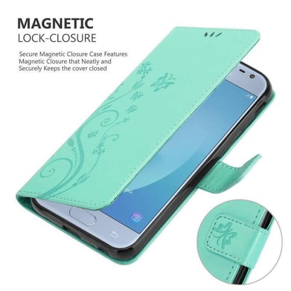 Fodral - CADORABO - Samsung Galaxy J3 2017 - Blommigt konstläder - Magnetisk stängning - Praktiskt stöd Grön