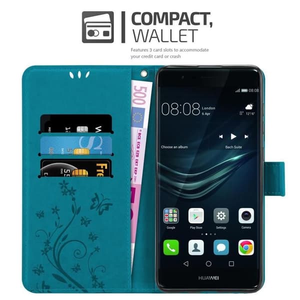 Fodral med lock för Huawei P9 Etui i BLÅ BLOMSTERMÖNSTER Skydd Design Blommig Plånbok Blå