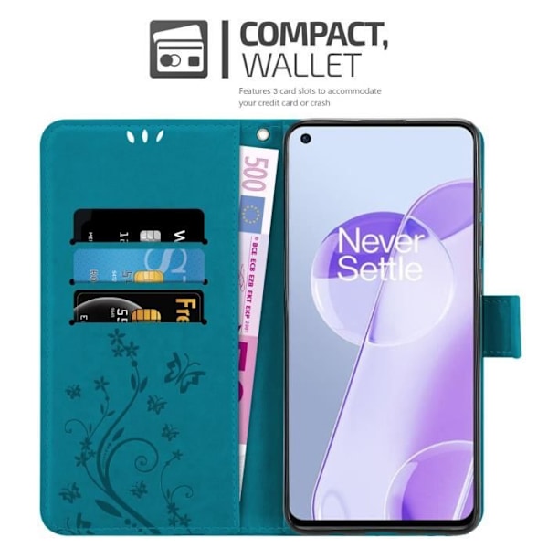 Coque för OnePlus 9RT 5G - CADORABO - Blomsterställ - Syntetläder - Ställfunktion - Magnetstängning BLOMMA BLÅ