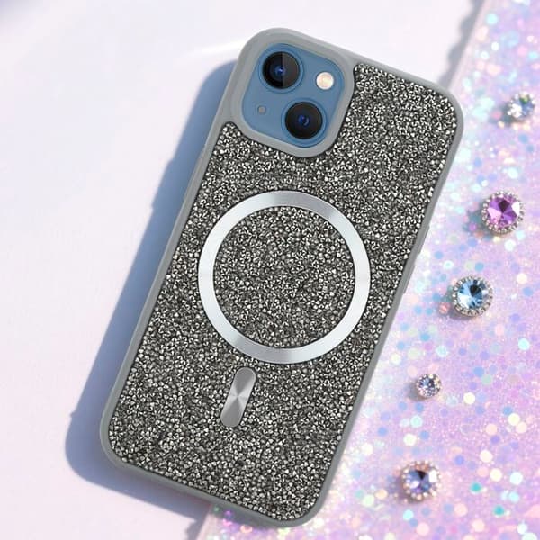 iPhone 13 / 14 skal i GRÅ Stötsäker Magsafe-kompatibel med diamantglitter Grå