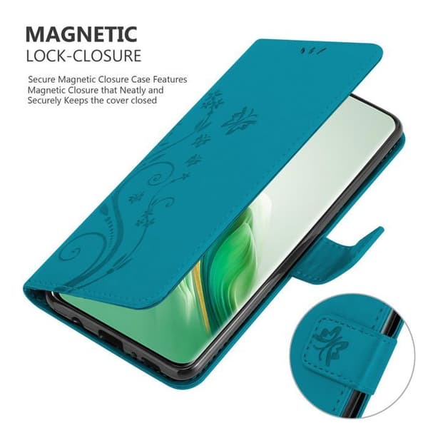 Fodral med lock för Honor Magic 6 Etui i BLÅ BLOMMÖNSTER Skydd Design Blommig Plånbok Blå