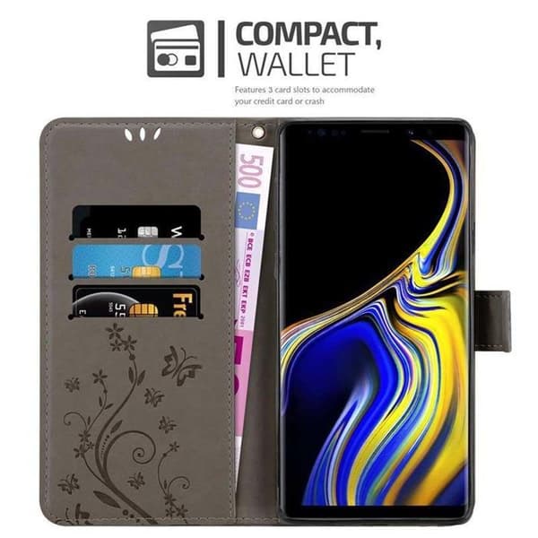 Fodral med lock för Samsung Galaxy NOTE 9 Etui i GRÅ BLOMMIG Design Blomster Plånboksskydd Grå