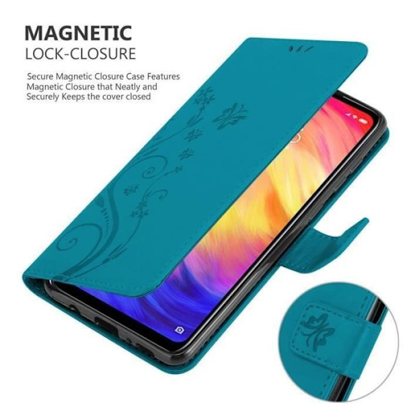Fodral - CADORABO - Xiaomi Redmi Note 7 - Läderimitation - Blommönster - Magnetisk stängning Blå