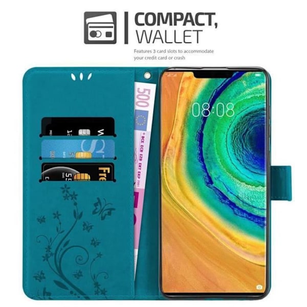 Fodral - CADORABO - MATE 30 PRO - Imiterat läder - Blommigt - Stativfunktion och kortplatser BLOMMA BLÅ
