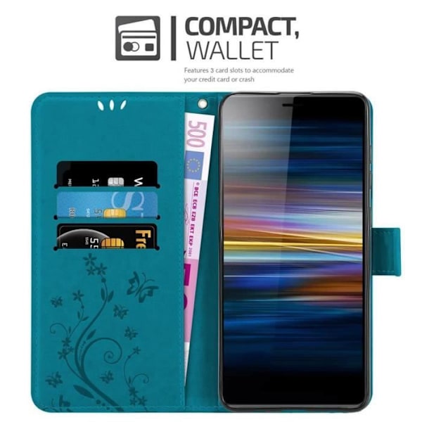 Coque för Sony Xperia L3 - CADORABO - BLÅ BLOMSTRANDE - Syntetläder - Ställfunktion - Platser för kort BLOMMA BLÅ