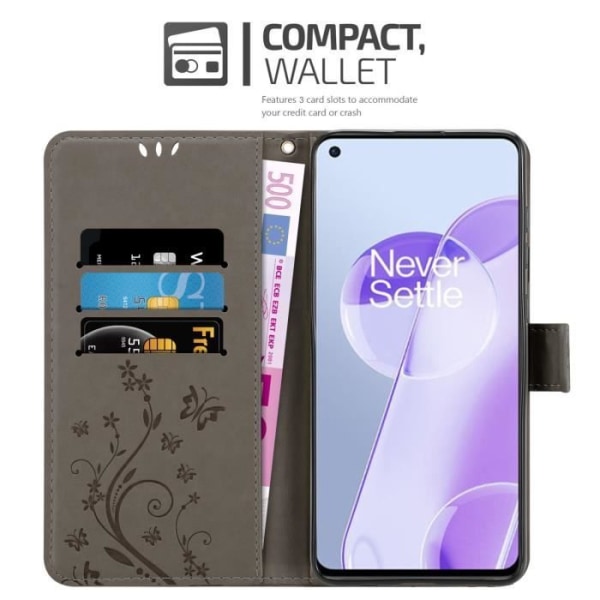 Skyddsfodral för OnePlus 9RT 5G - CADORABO - Grå Blommig - Syntetläder - Ställfunktion - Fack för Kort BLOMMIG GRÅ