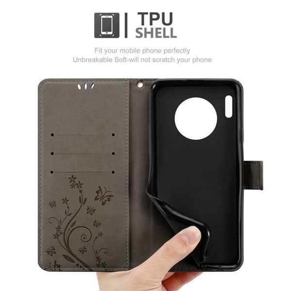 Fodral med lock för Huawei MATE 30 PRO Etui i GRÅ BLOMMÖNSTER Skydd Design Blommig Plånbok Grå
