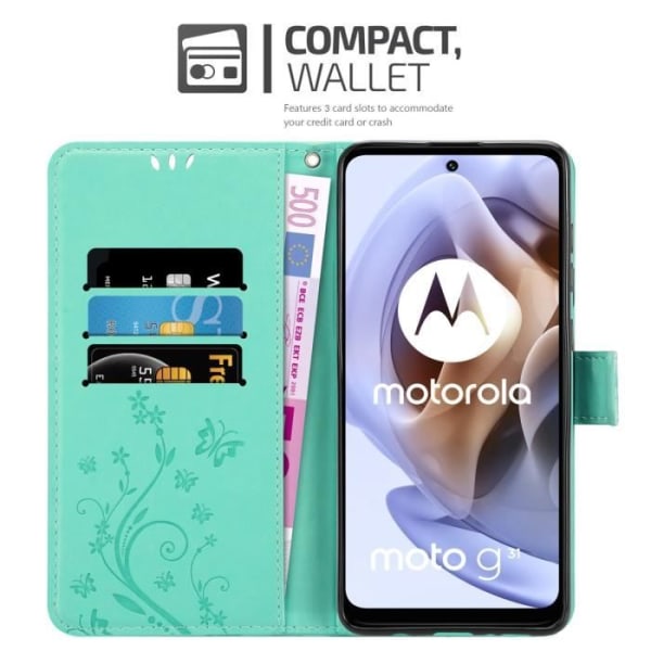 Coque - CADORABO - MOTO G31 / G41 - Blomster Turquoise - Similskinn - Ståfunksjon Turkos