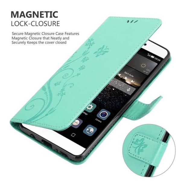 Fodral med lock för Huawei P8, Turkos Blommönster, Skyddande Design, Plånbok Blå