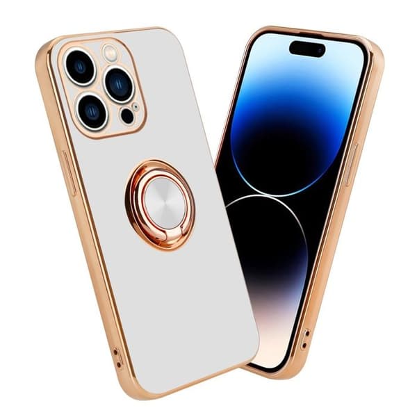 iPhone 14 PRO MAX Fodral Glansig Vit - Guld med kameraskydd Vit