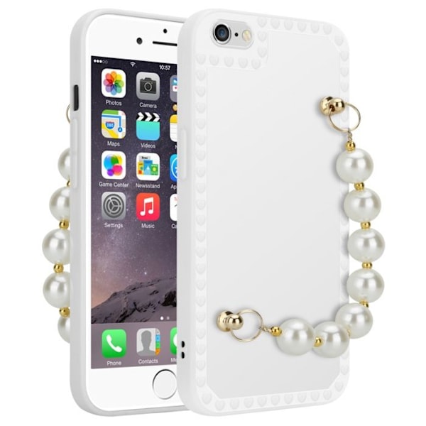 Fodral för Apple iPhone 6 / 6S i vitt med pärlor. Hölster Cover Case i flexibelt silikon TPU med handledsrem. Vit