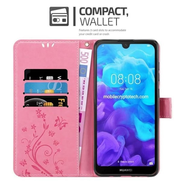 Coque för Huawei Y6 PRO 2019 - CADORABO - Rosablommig - Syntetläder - Ställfunktion - Fack för kort Rosa blommig