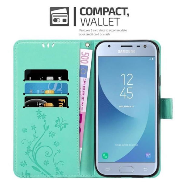 Fodral - CADORABO - Samsung Galaxy J3 2017 - Blommigt konstläder - Magnetisk stängning - Praktiskt stöd Grön