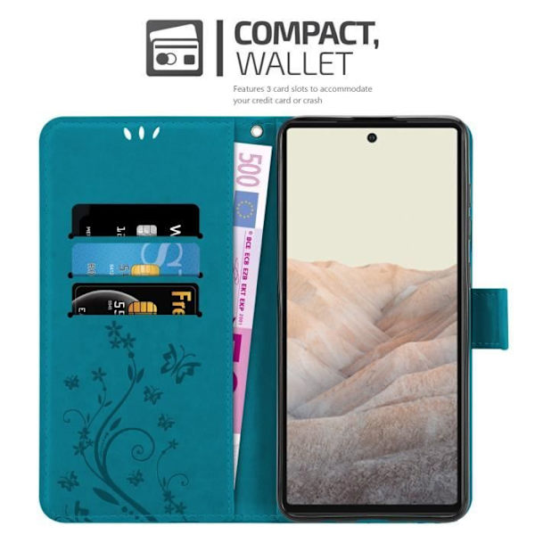 Coque - CADORABO - Google PIXEL 6 - Simili skinn - Blå blommig - Plånboksfodral med Ställfunktion BLOMMA BLÅ