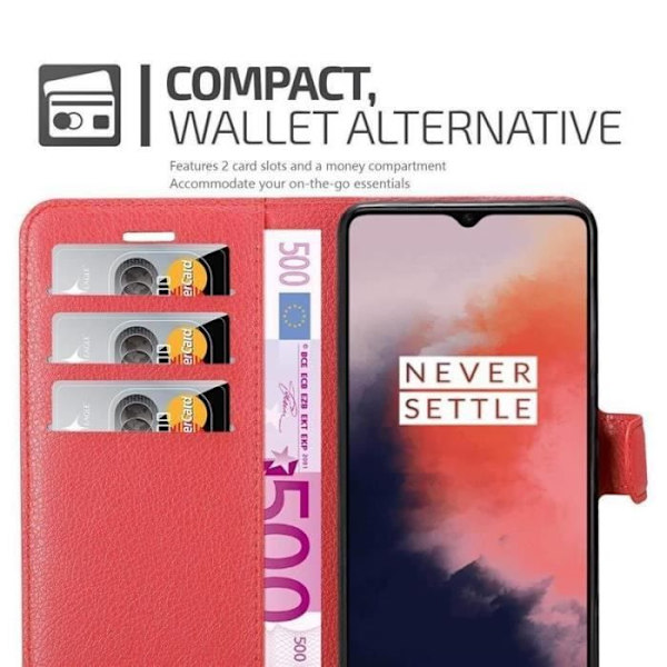 Fodral - CADORABO - OnePlus 7T - Rött konstläder - Stativfunktion - 3 kortfack Röd