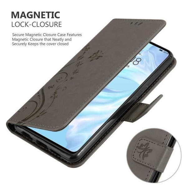 Coque - CADORABO - Huawei P30 - Similskinn - Blommönster - Stödfunktion Grå