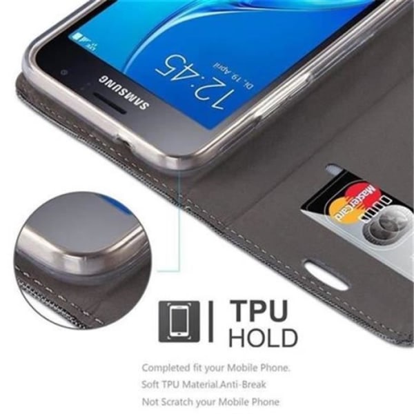 Cadorabo Fodral för Samsung Galaxy J1 2016 (6) GRÅ SVART TYG-IMATISK LÄDER Magnetisk Fodral Skydd Stöder Stand Card Slot