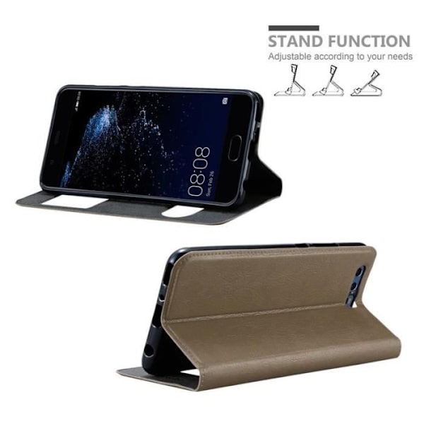 Cadorabo Fodral för Huawei P10 PLUS i STONE BROWN - Skyddsfodral med horisontellt stativ och två fönster - View Pocket Case