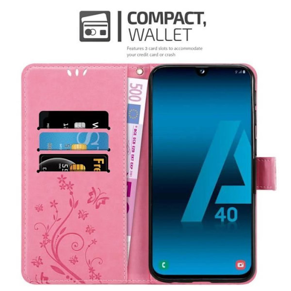 Fodral till Samsung Galaxy A40 / A40s - CADORABO - Rosa - Imiterat läder - Blommönster - 3 kortplatser Rosa