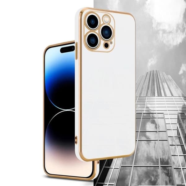 iPhone 14 PRO MAX Glansig Vit - Guld med skydd för kamera Vit