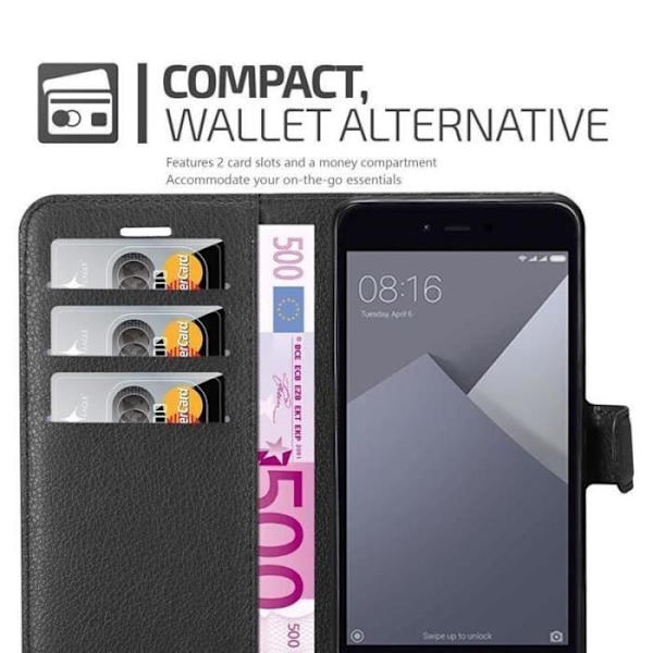 Coque - CADORABO - Xiaomi RedMi Note 5A - Syntetiskt läder Svart - Horisontellt stativ - 3 kortfack Svart