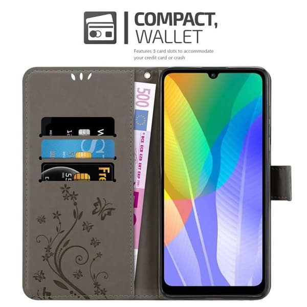 Fodral med lock för Huawei Y6P Etui i GRÅTT BLOMMÖNSTER Skydd Design Blommig Plånbok Grå