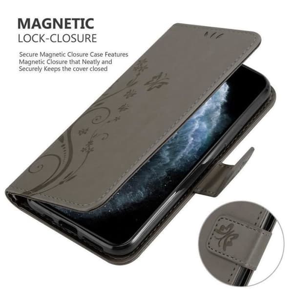 Fodral med lock för iPhone 11 Etui i GRÅ BLOMMIG Design Blomster Plånboksskydd BLOMMIG GRÅ