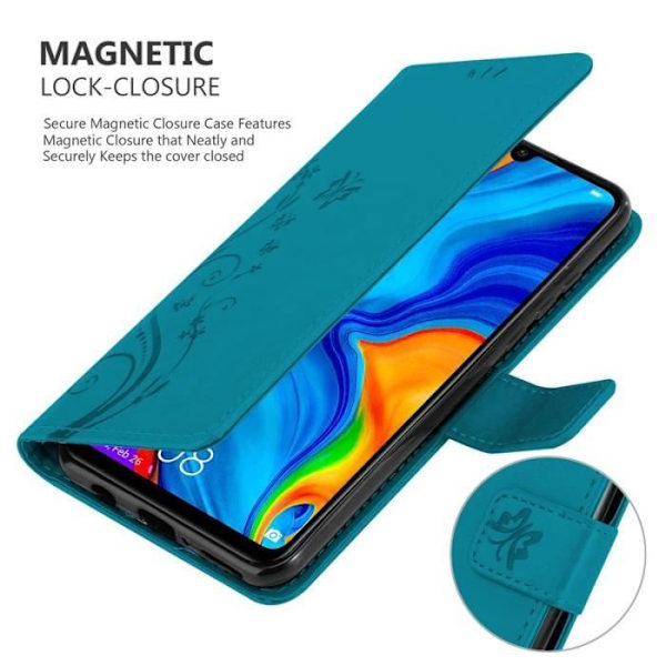 Coque - CADORABO - Huawei P30 LITE - Similicuir - Blommig - Stöd och 3 kortfack Blå