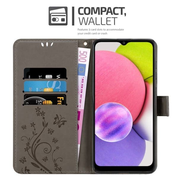 Fodral med lock för Samsung Galaxy A03s Etui i GRÅ BLOMMÖNSTER Skydd Design Blommig Plånbok Grå
