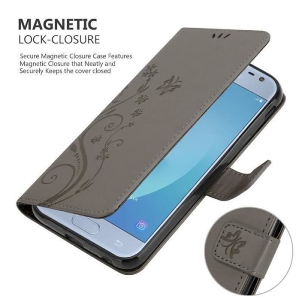 Fodral - CADORABO - Samsung Galaxy J3 2017 - Blommigt konstläder - Magnetisk stängning - Praktiskt stöd Grå