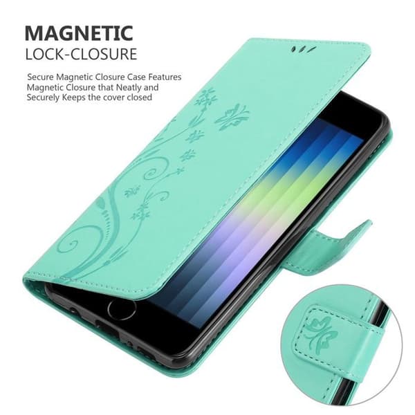Fodral med lock för iPhone SE4, Turkos Blommönster, Skyddande Design, Plånbok Blå