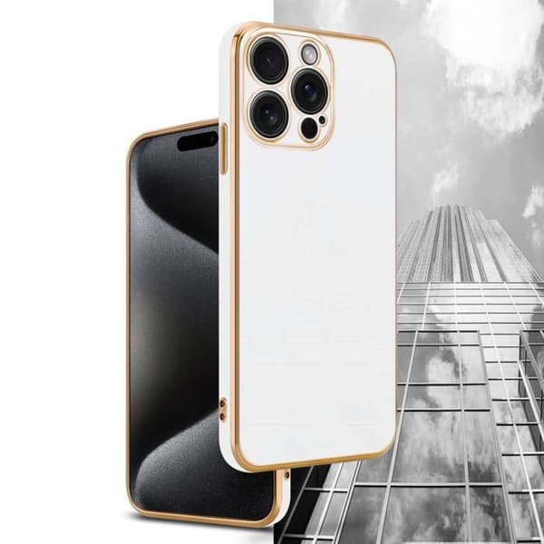 iPhone 15 PRO Glansig Vit - Guld med skydd för kamera Vit
