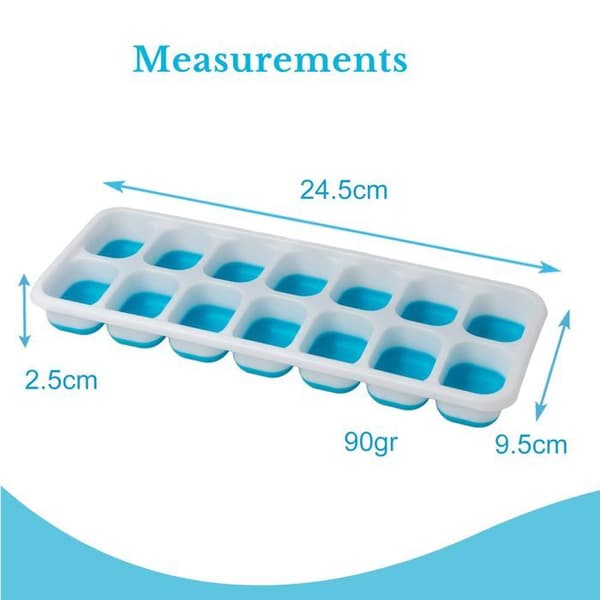 Set med 4 blå silikonisformar med lock 25,5 x 9,9 x 2,9 cm - 14 fack, 56 isbitar, stapelbara och flexibla Blå