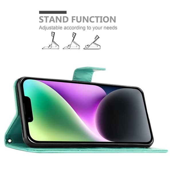 Fodral med lock för iPhone 14 PLUS Turquoise Blommig Design Skydd Plånbok Blå