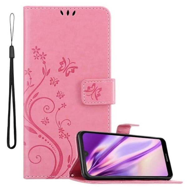 Coque för Huawei Y6 PRO 2019 - CADORABO - Rosablommig - Syntetläder - Ställfunktion - Fack för kort Rosa blommig