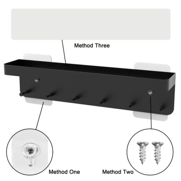 Intirilife nyckelhållare med hylla i svart - självhäftande - Krokskena för väggen med 6 krokar och hylla