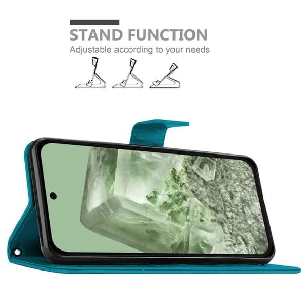 Fodral med lock för Google Pixel 8A Etui i BLÅ BLOMSTER Design Floral Plånboksskydd Blå