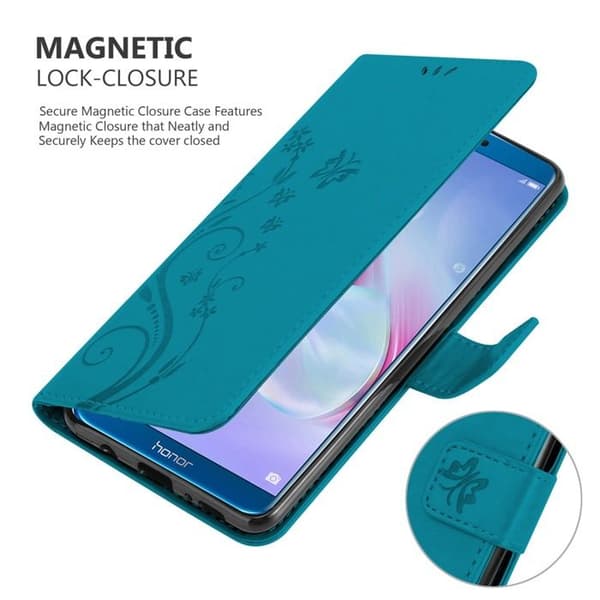 Fodral med lock för Honor 9X LITE Etui i BLÅ BLOMSTER Design Floral Plånboksskydd Blå
