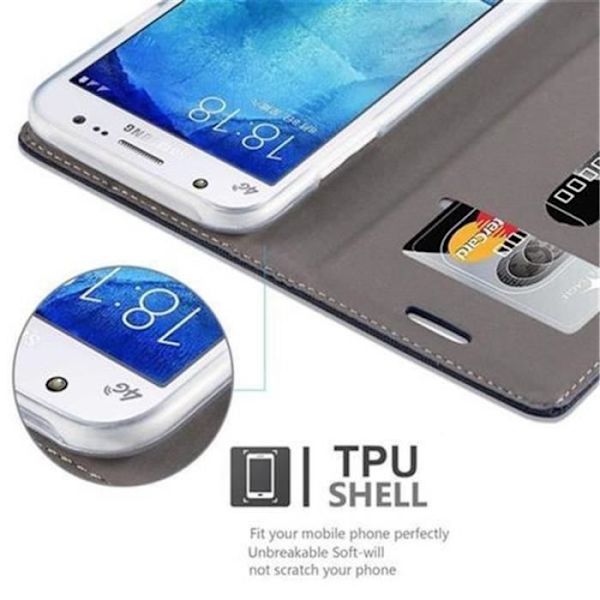 Cadorabo-fodral för Samsung Galaxy J5 2015 MÖRKBLÅ BRUNT TYG-IMATISKT LÄDER Magnetiskt fodralhölje stöder kortplats för stativ