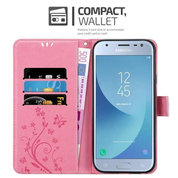 Fodral - CADORABO - Samsung Galaxy J3 2017 - Blommigt konstläder - Magnetisk stängning - Praktiskt stöd Rosa