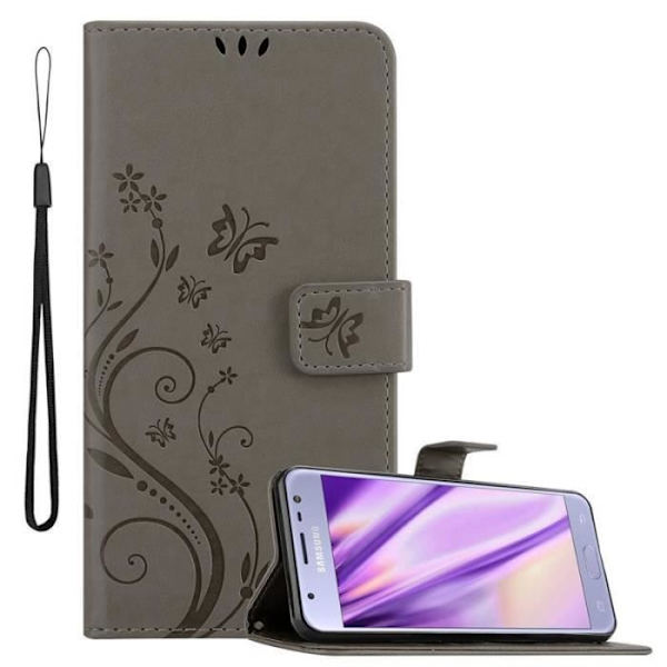 Fodral - CADORABO - Samsung Galaxy J3 2017 - Blommigt konstläder - Magnetisk stängning - Praktiskt stöd Grå